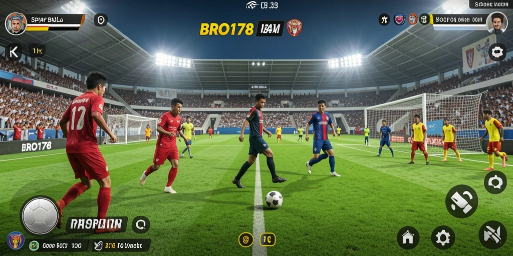 Tampilan gameplay BRO178 dengan aksi sepak bola yang seru.