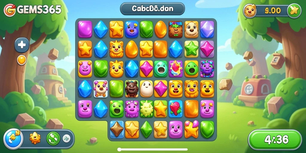 Screenshot gameplay GEMS365 menampilkan aksi Match-3 yang menarik.