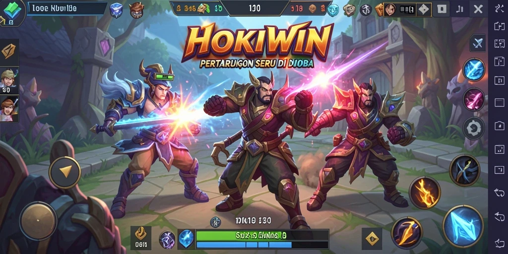 Tampilan seru gameplay HOKIWIN yang menampilkan pertarungan MOBA yang dinamis.