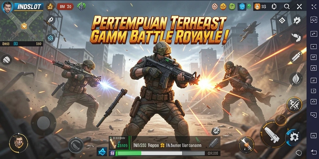 Tangkapan layar utama INDSLOT menampilkan pertempuran seru dalam mode Battle Royale.