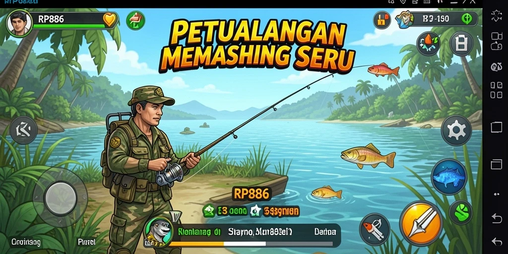 Screenshot utama RP886 menampilkan pemain yang sedang memancing di danau yang indah.