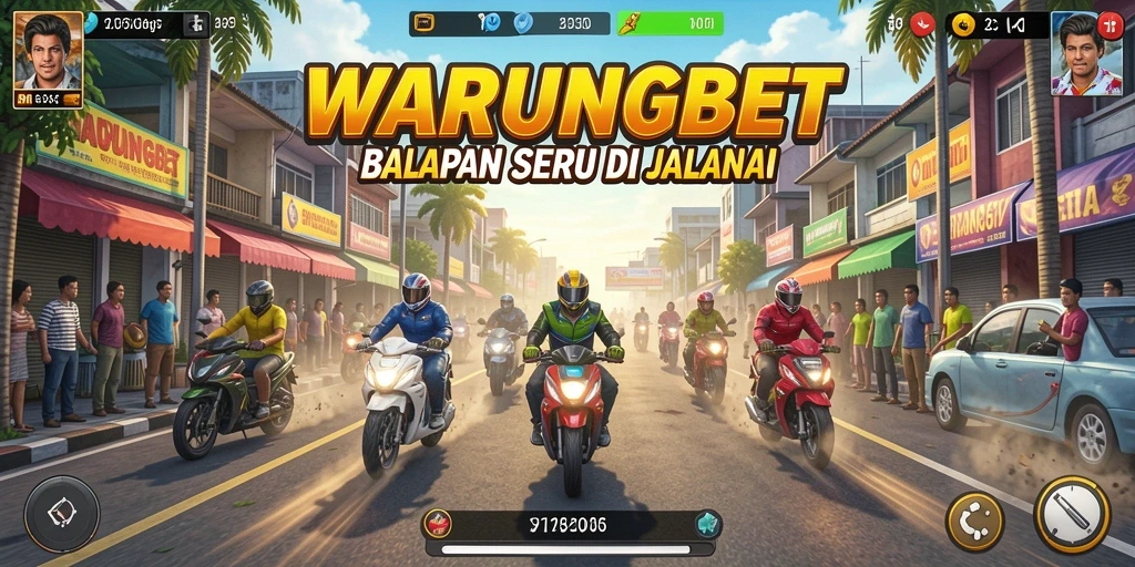 Tangkapan layar utama WARUNGBET menampilkan balapan mendebarkan di tengah kota.